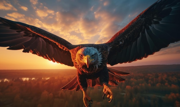 Bald Eagle Flying on Sunset Background Generative Ai