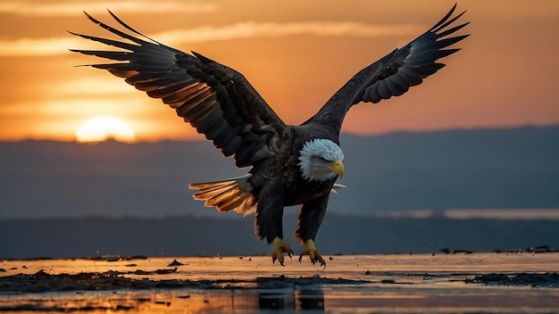 Летящий лысый орел на заходе солнца