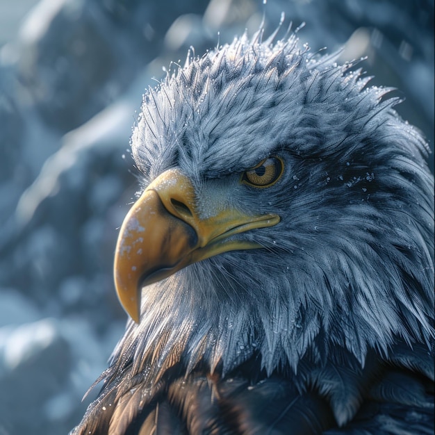 a bald eagle in front of snowy mountains