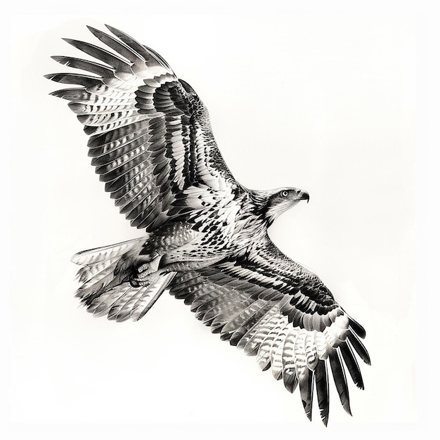 Bald eagle gliding against blue sky and white wispy clouds