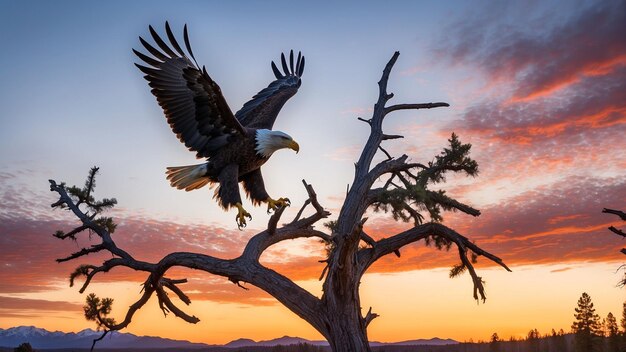 空の鮮やかな色とともに 堅固な枝に着地するために 優雅に降りる白の鷹