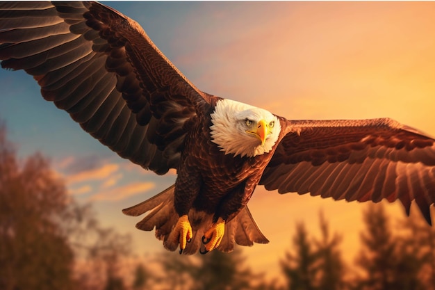 Bald Eagle Haliaeetus leucocephalus in vlucht bij zonsondergang