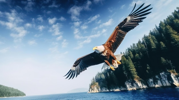 Bald eagle is flying over the blue sea water Beauti