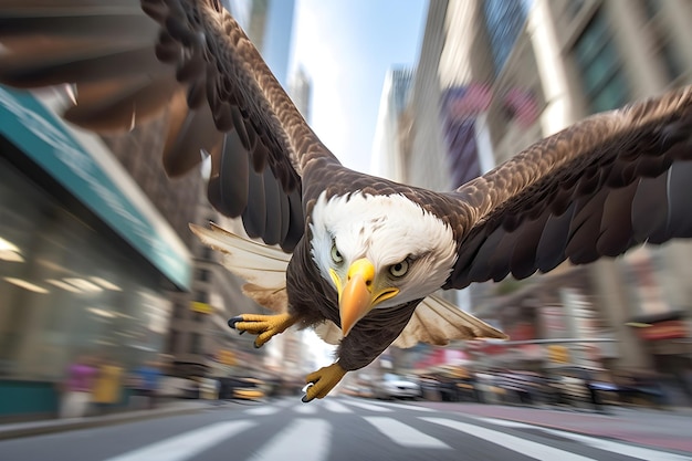 Foto un'aquila calva sta sorvolando una strada cittadina.