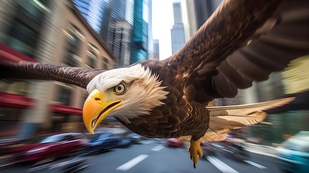 Foto un'aquila calva sta sorvolando una strada cittadina.