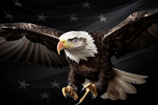 A bald eagle is flying in front of a flag.