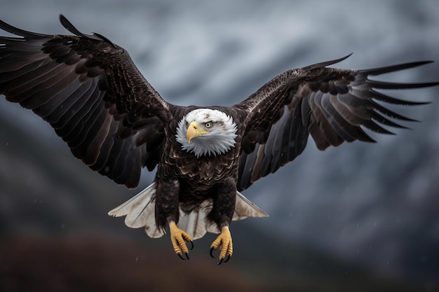 A bald eagle is flying in front of a mountain.