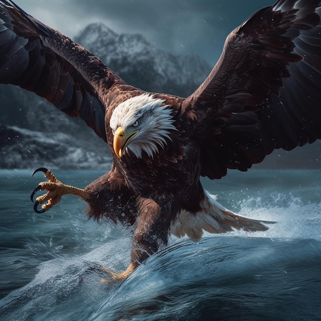 Photo a bald eagle is flying over the water with the word eagle on it.
