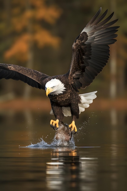 A bald eagle is landing on a rock in the water.