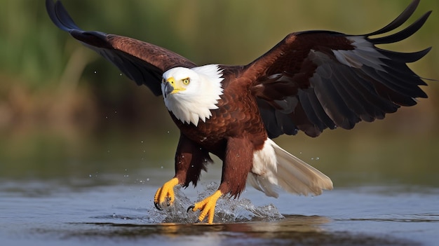 A bald eagle is landing in the water.