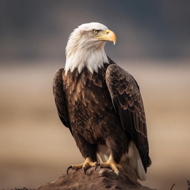A bald eagle is sitting on a rock and has a brown background.