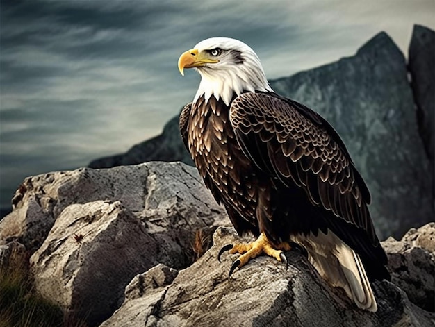 A bald eagle is sitting on a rock and the sky is dark and cloudy.