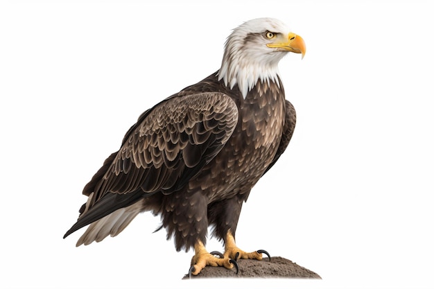 A bald eagle is sitting on a rock.