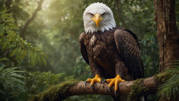 Photo a bald eagle is standing on a branch in the woods