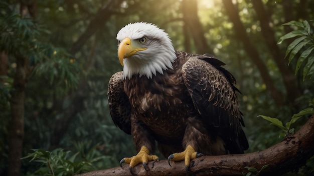 Photo a bald eagle is standing on a log in the forest