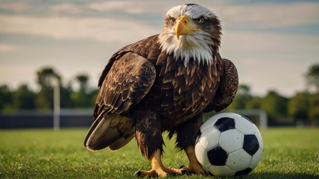A bald eagle is standing next to a soccer ball | Premium AI 
