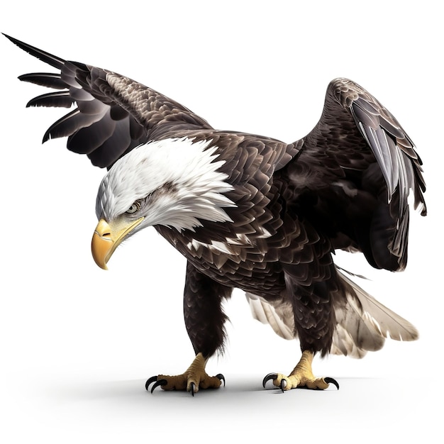 A bald eagle is standing on a white background