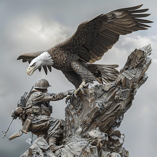 Photo bald eagle landing on fallen soldiers monument