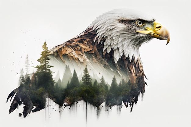 Bald eagle and the Pacific Northwest double exposure photography Generative AI Leader courage strong and brave majestic lion Scout