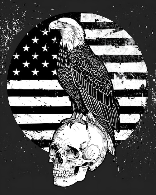 A bald eagle perched on a skull with an american flag backdrop