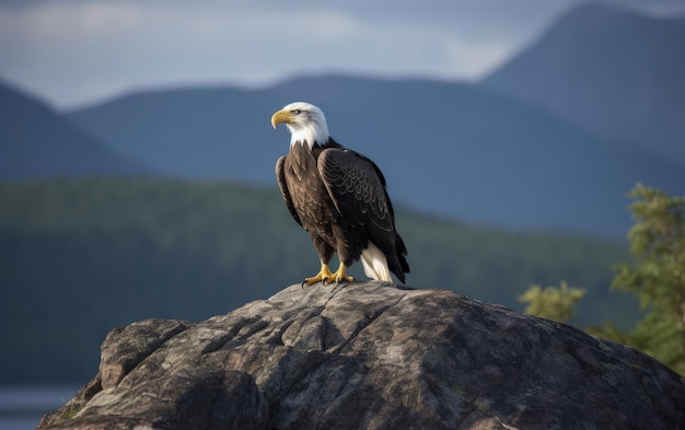 Bald Eagle perched a top rocky cliff with mountain background Generative AI