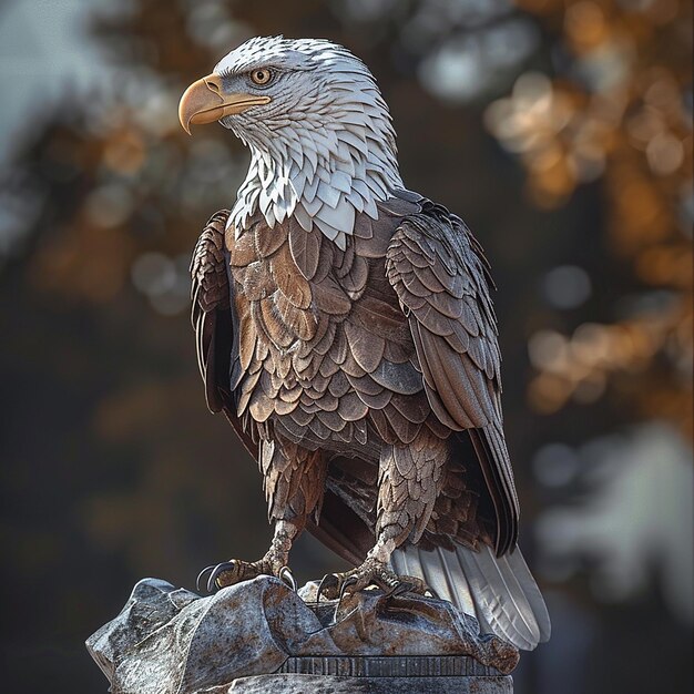 Foto l'aquila calva appollaiata sulla lapide dei veterani