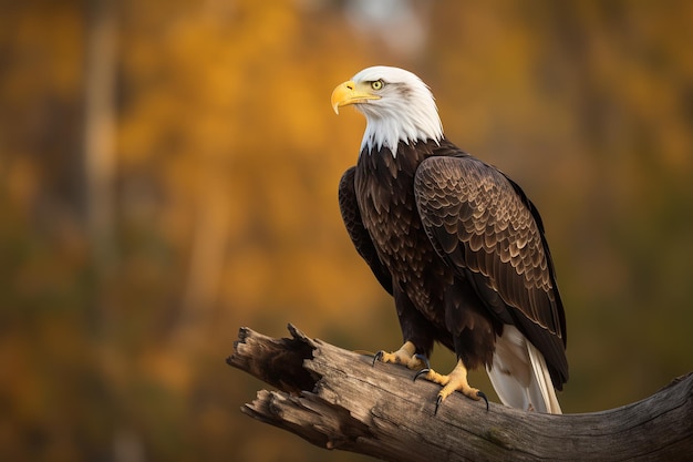 A bald eagle sits on a branch in a fall scene