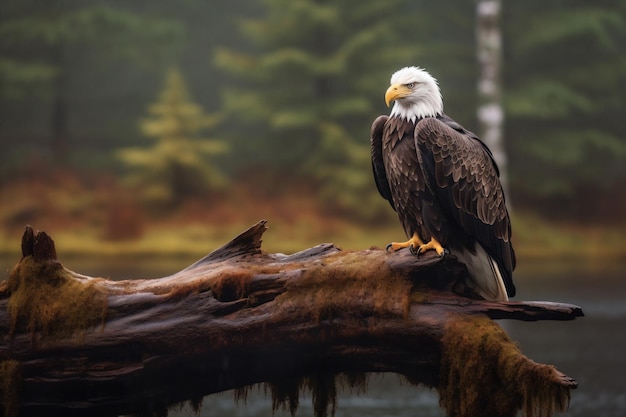 A bald eagle sits on a branch in the forest.