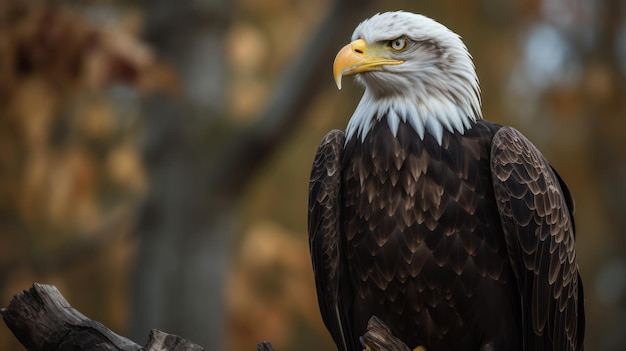 A bald eagle sits on a branch in front of a tree.