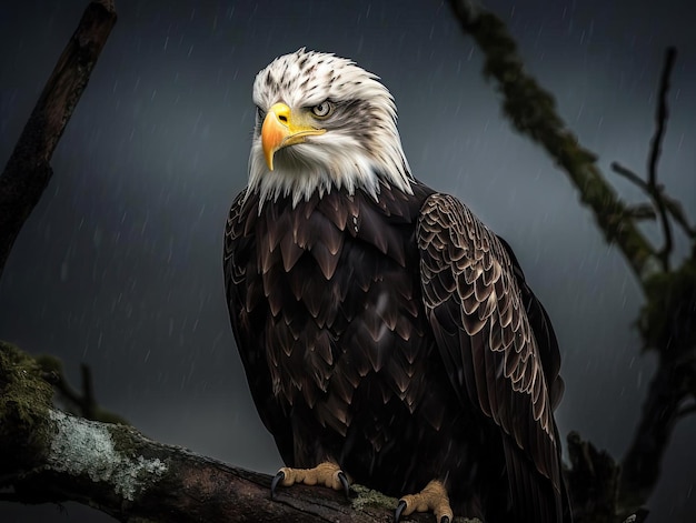 A bald eagle sits on a branch in the rain.