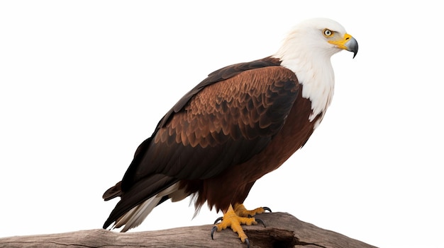 A bald eagle sits on a branch with a white background.