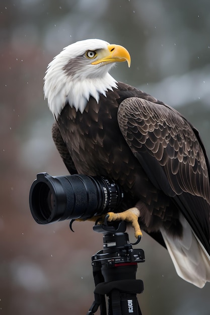 Photo a bald eagle sits on a camera with a camera lens