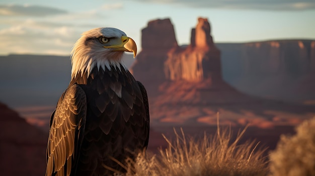 A bald eagle sits in a field with a mountain in the background.