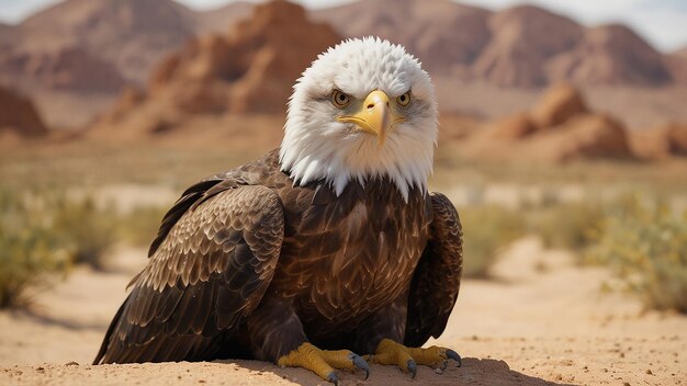 Photo a bald eagle sits on the ground in the desert