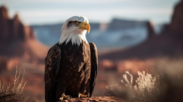 A bald eagle sits on a rock in the desert.