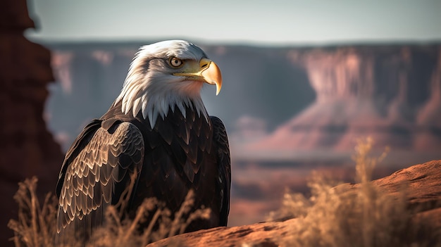 A bald eagle sits on a rock in the desert.