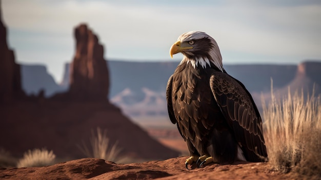 A bald eagle sits on a rock in the desert.