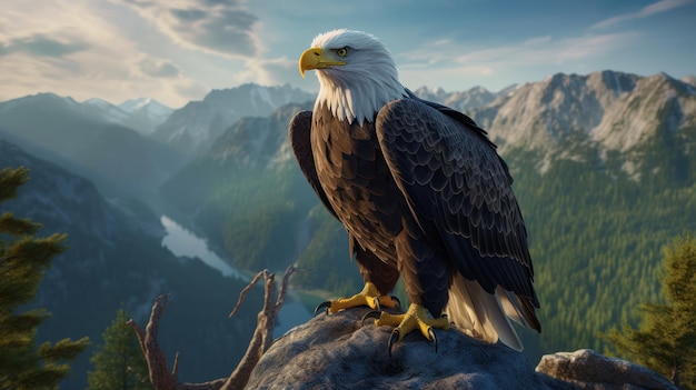 A bald eagle sits on a rock in front of a mountain landscape.