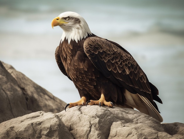 A bald eagle sits on a rock in front of the ocean.