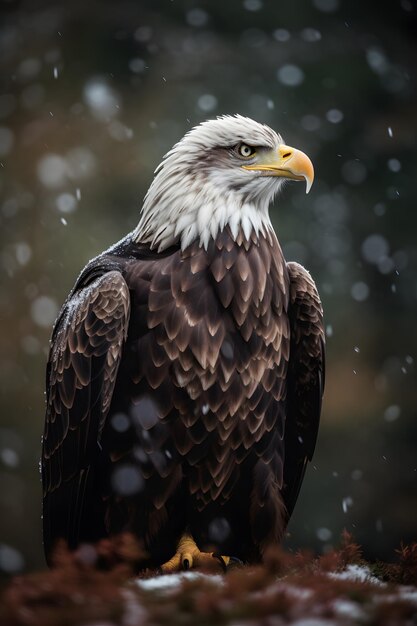 A bald eagle sits in the snow