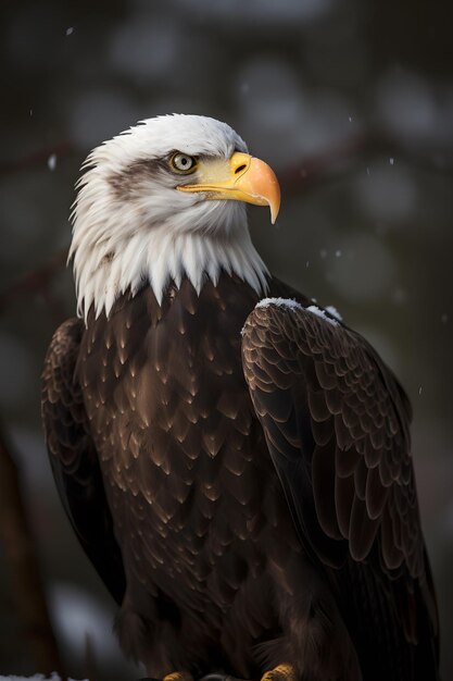 A bald eagle sits in a tree in the snow