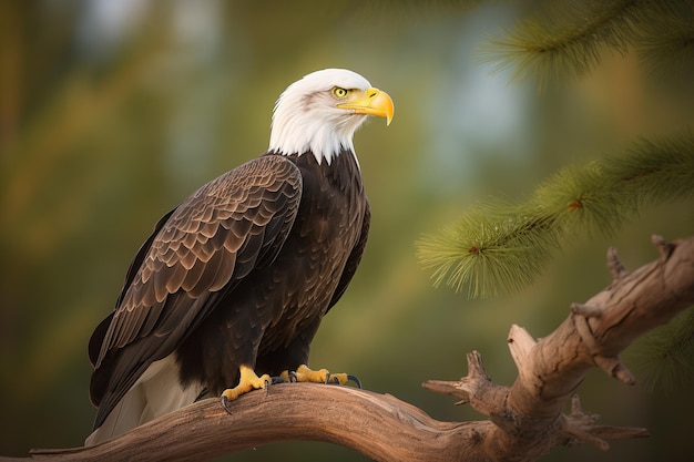 Bald eagle sitting on a branch with a pine tree in the background