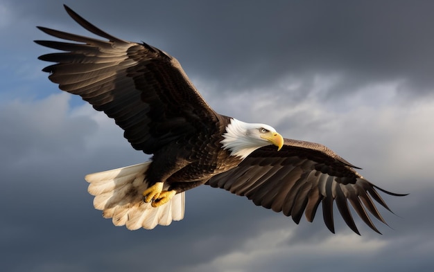 Bald eagle soaring in the sky with wings spread wide The background is cloud Generative AI