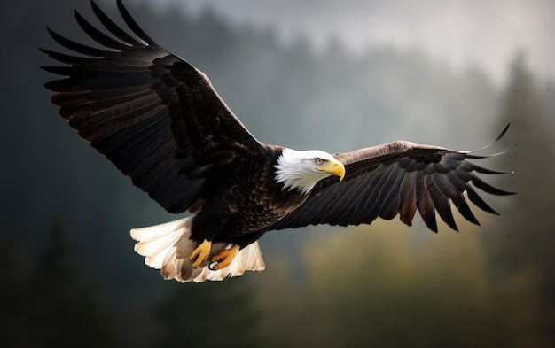 Bald eagle soaring in the sky with wings spread wide The background is mountain Generative AI