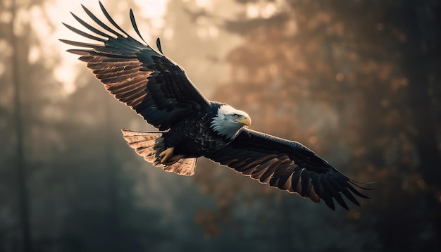 Bald eagle spreads majestic wings in mid air symbolizing freedom generated by artificial intelligence