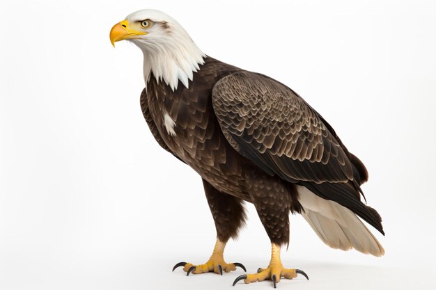 a bald eagle standing on a white surface