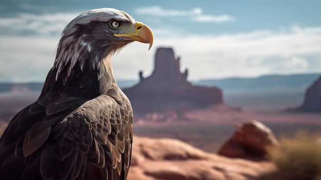 A bald eagle stands in a desert landscape.