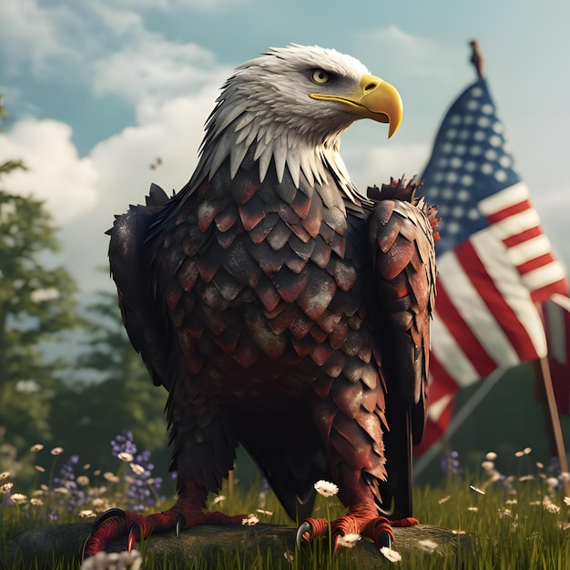 A bald eagle stands in a field with a flag in the background