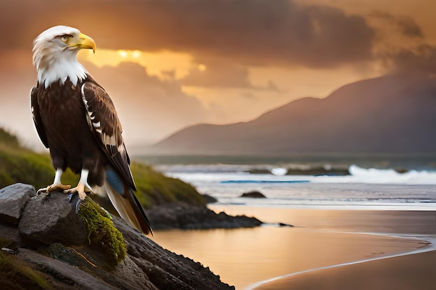 Foto un'aquila calva si erge su una roccia a picco sull'oceano.