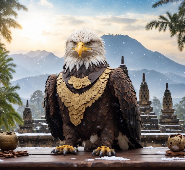 Статуя лысого орла на деревянном столе перед храмом Бали, Индонезия